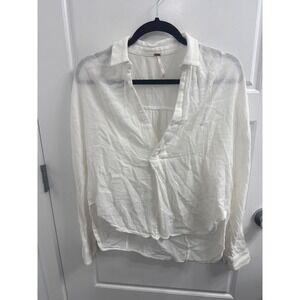 Free People White Gauze Button Down Shirt Long Sleeve Boho V-Neck Top XS